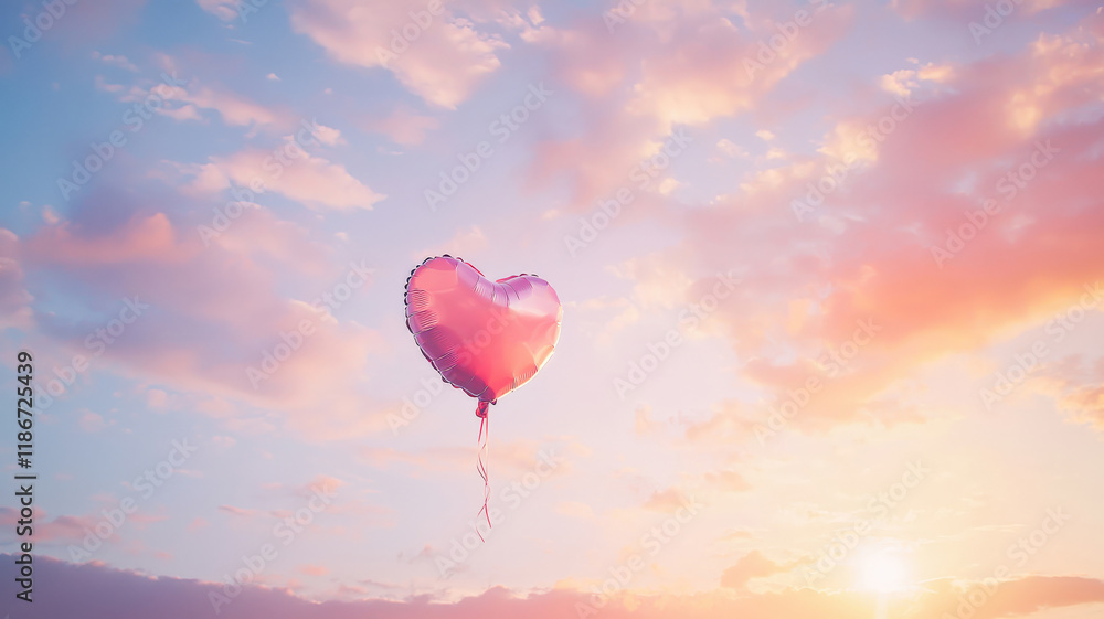 Fototapeta premium A heart-shaped balloon floating in the sky, with soft pastel clouds and the warm glow of the sun in the background, creating a whimsical Valentine’s Day vibe. 