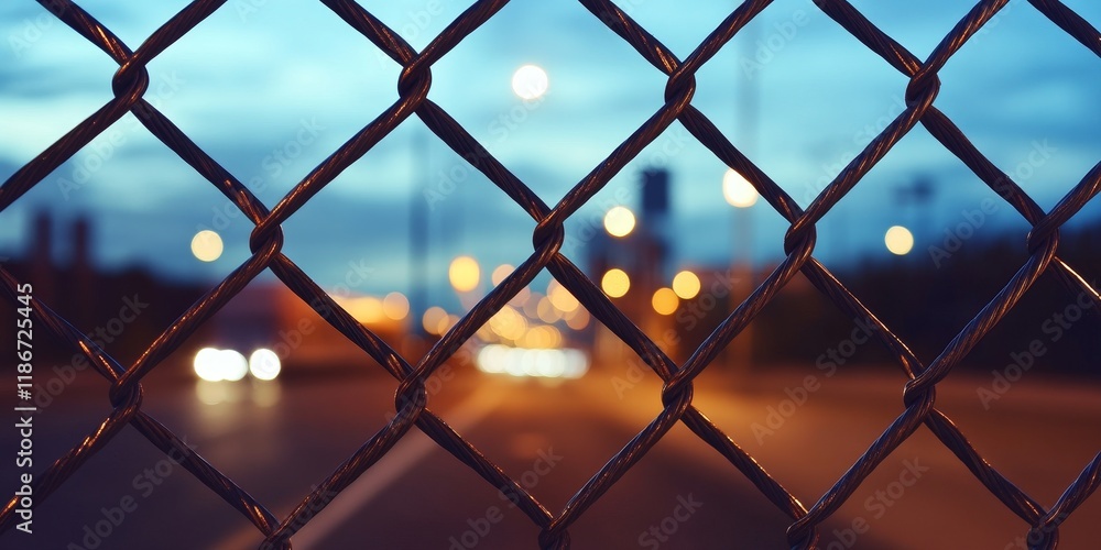 Naklejka premium A bridge wire fence enhances safety for road users, preventing falls while crossing. This bridge wire fence stands out with a blurred background over the toll road, ensuring protection day and night.