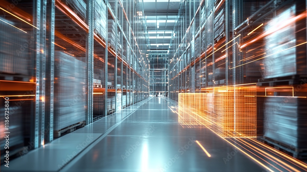 Futuristic Warehouse Automation: Abstract Marketing Background with Transparent Economic Data for Logistics Industry. High-Tech 32K AI-Generated Design Showcasing Industrial Efficiency and Transportat Futuristic Warehouse Automation: Abstract Marketing Background with Transparent Economic Data for Logistics Industry. High-Tech 32K AI-Generated Design Showcasing Industrial Efficiency and Transportat