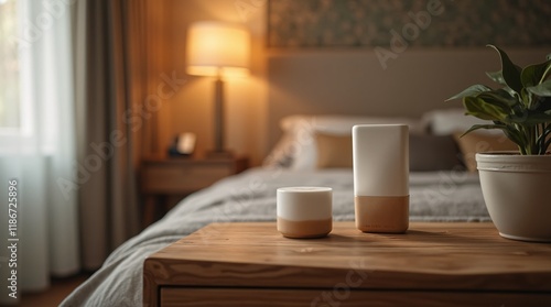 A top-down view of a nightstand in a hotel room with a cozy, blurred background, providing an empty wooden surface for product display and customization in a flawless, generative setting