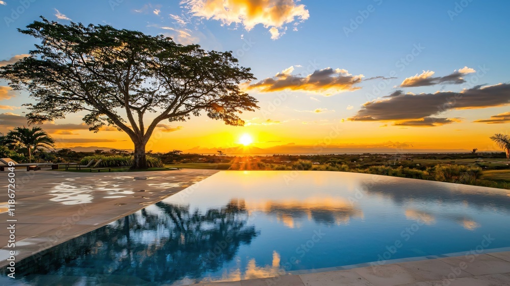 Fototapeta premium Sunset Serenity Poolside Tropical Paradise Relaxation View
