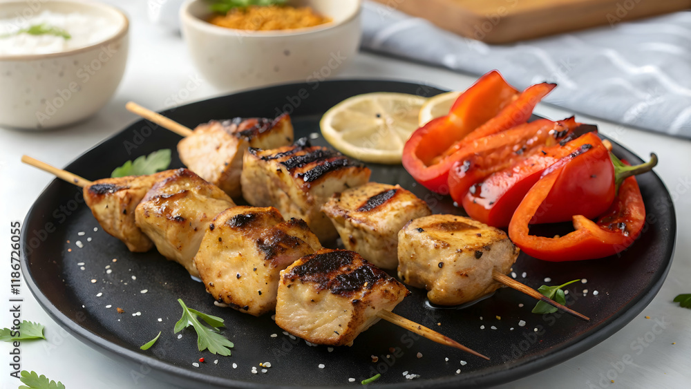 Grilled Chicken Skewers with Bell Peppers and Lemon Wedges Grilled Chicken Skewers with Bell Peppers and Lemon Wedges