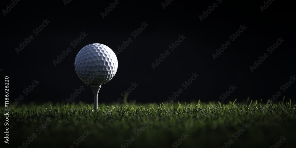 A golf ball positioned on a tee stands out against a dark background, highlighting its presence. The contrast between the golf ball on the tee and the background is striking.