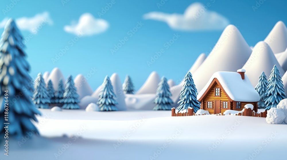 Naklejka premium Charming Winter Cabin Scene Snowy Mountains Blue Sky Holiday