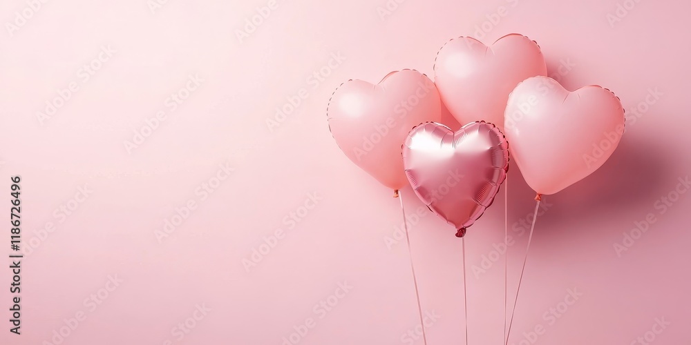 Heart shaped balloons are set against a pink backdrop, leaving ample empty space around them for a soft and gentle aesthetic. Heart shaped balloons are set against a pink backdrop, leaving ample empty space around them for a soft and gentle aesthetic.