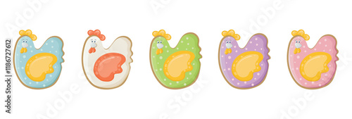 Easter hen similar to gingerbread of different colors and types. Gifts for happy Easter in flat style. Icons in the form of festive birds. Set of vector isolated drawings on a white background.