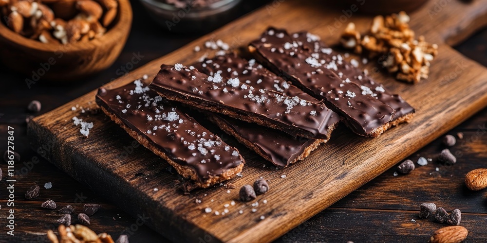 A wooden board features a wafer topped with chocolate and sprinkled with sea salt, combining sweet and salty flavors in an appealing presentation. A wooden board features a wafer topped with chocolate and sprinkled with sea salt, combining sweet and salty flavors in an appealing presentation.