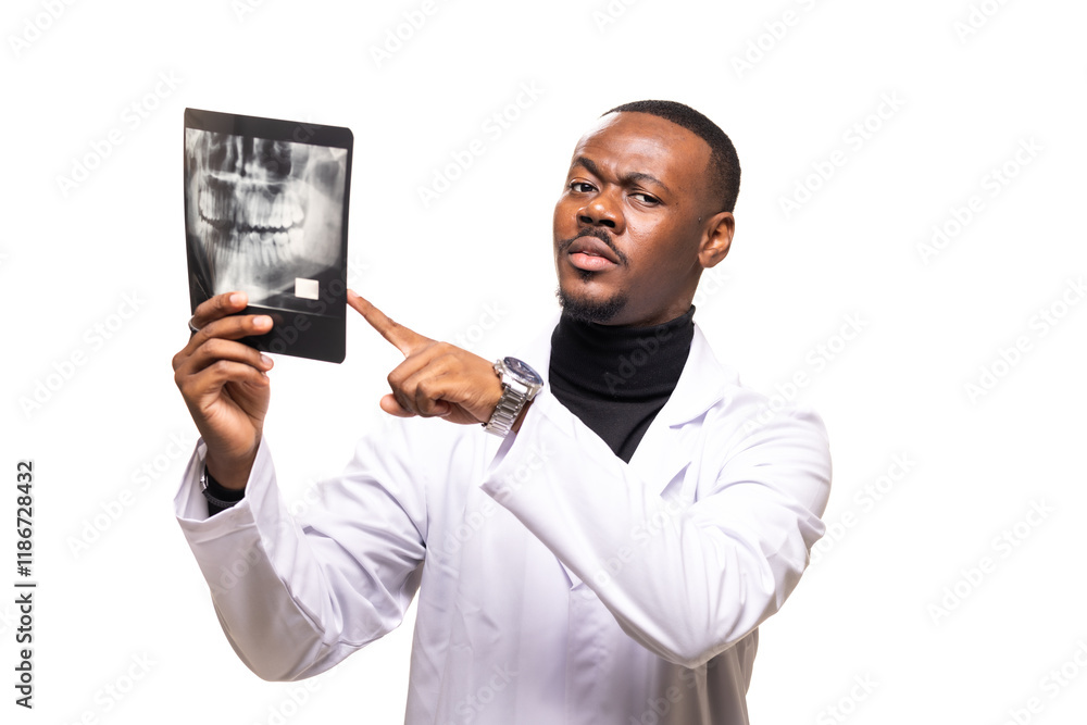 © Nikola Spasenoski - Confident dentist holding and examining an x-ray with a serious expression in a studio setting, highlighting dental care and medical professionalism