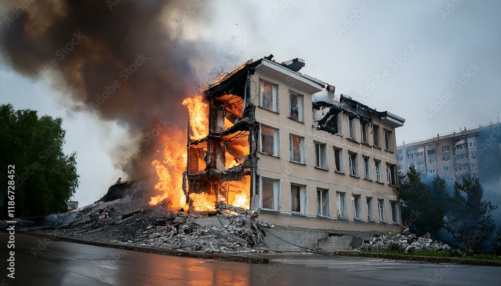 A building on the verge of collapse after a fire breaks out, with flames rising from gaps in the walls and debris falling.