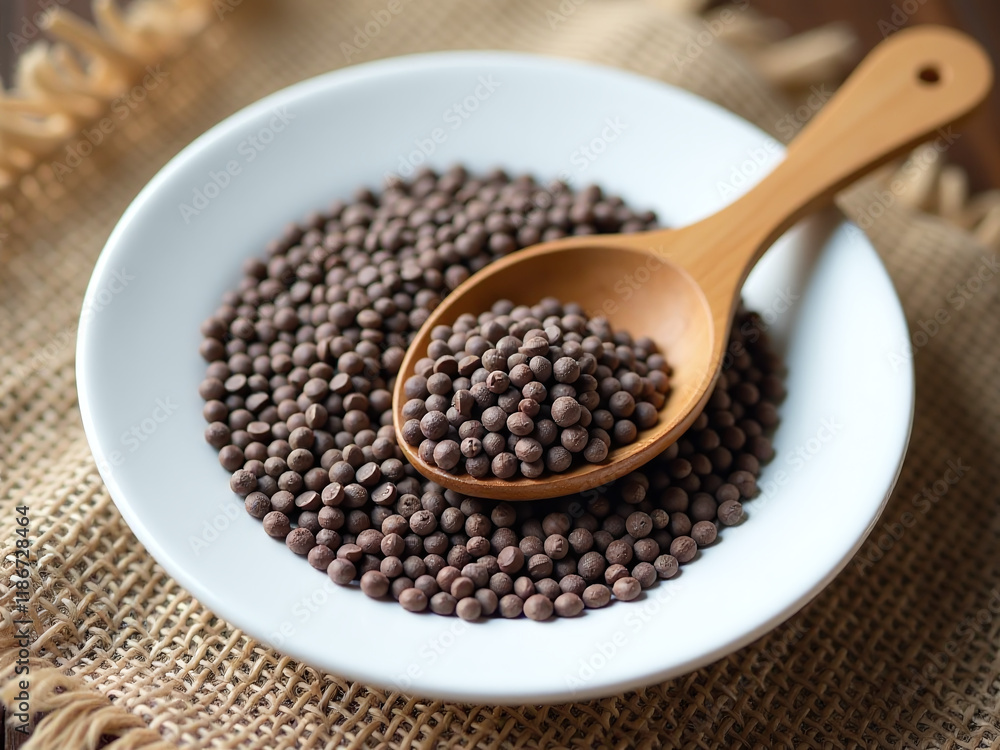 Chia Seeds On A White Porcelain Plate With A Cooking Wooden Spoon In A Cut Heart Shape Against A Rustic Burlap Backdrop. 00002 Chia Seeds On A White Porcelain Plate With A Cooking Wooden Spoon In A Cut Heart Shape Against A Rustic Burlap Backdrop. 00002
