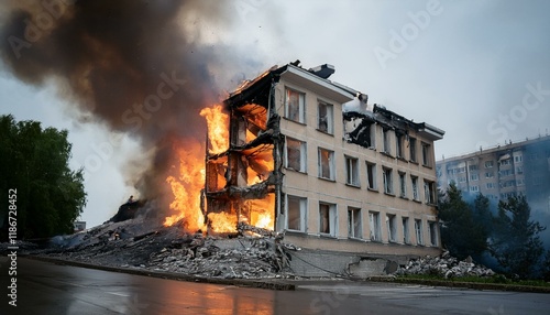 Obraz na płótnie A building on the verge of collapse after a fire breaks out, with flames rising from gaps in the walls and debris falling. w salonie