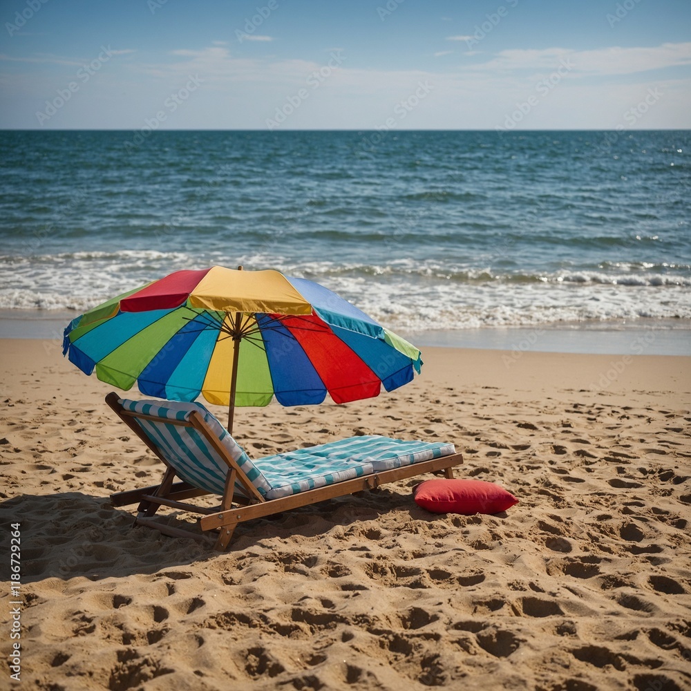 A colorful beach umbrella and lounge chair set up near the water's edge, surrounded by footprints in the sand. A colorful beach umbrella and lounge chair set up near the water's edge, surrounded by footprints in the sand.
