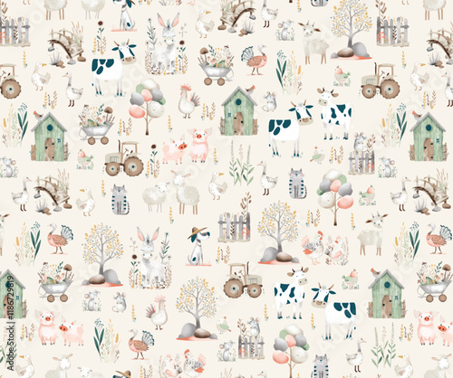 Watercolor seamless pattern with farm animals, tractor, farm house, tree
