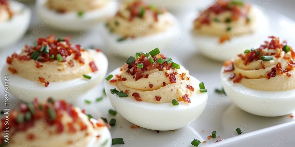 Delicious deviled eggs topped with fresh chives and crispy bacon bits, making these deviled eggs a flavorful and enticing appetizer for any gathering or event. Perfect deviled eggs for all occasions. Delicious deviled eggs topped with fresh chives and crispy bacon bits, making these deviled eggs a flavorful and enticing appetizer for any gathering or event. Perfect deviled eggs for all occasions.