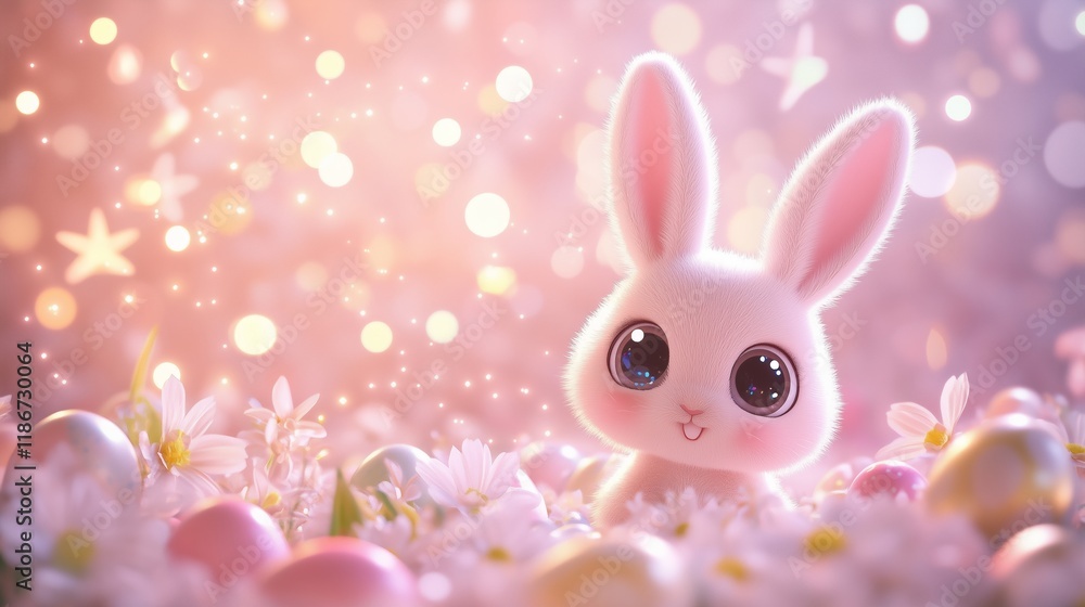 Cute baby bunny with big eyes in a pastel pink Easter-themed background, in a 3D style. Cute baby bunny with big eyes in a pastel pink Easter-themed background, in a 3D style.