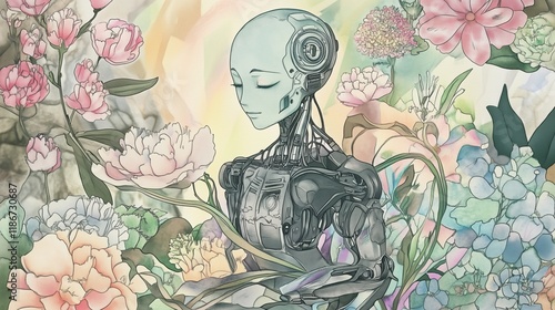 Wallpaper Mural A Painting of a Robot Sitting in a Field of Flowers - Generative AI Torontodigital.ca