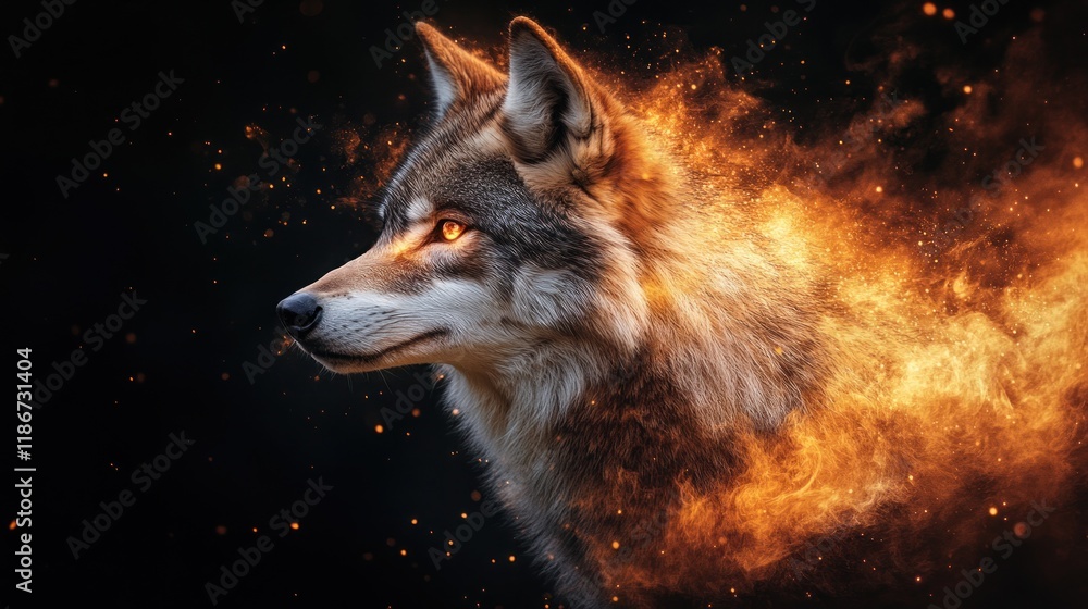 Fototapeta premium Fiery wolf portrait with embers on dark background.