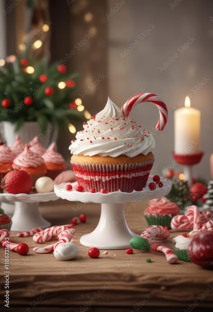 A holiday-themed dessert table with cupcakes and candy cane, colorful, candy cane, holiday desserts A holiday-themed dessert table with cupcakes and candy cane, colorful, candy cane, holiday desserts