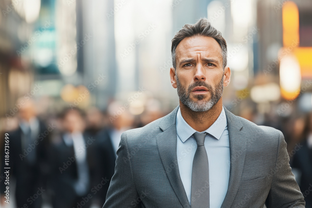Confident businessman in a suit walking through a busy city street, embodying urban professionalism and corporate success. Ideal for business-themed content. Confident businessman in a suit walking through a busy city street, embodying urban professionalism and corporate success. Ideal for business-themed content.