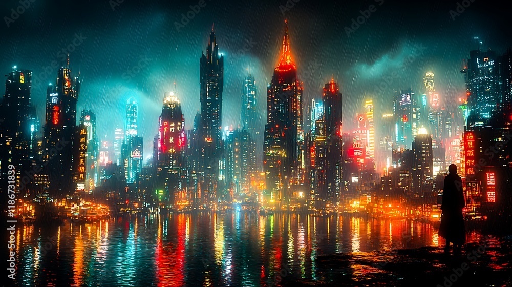 Obraz premium Futuristic Neon Cyberpunk Cityscape with Vibrant Lights