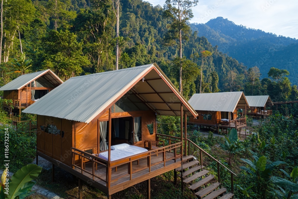 Fototapeta premium Tropical Getaway Luxurious Jungle Cabins Mountain View