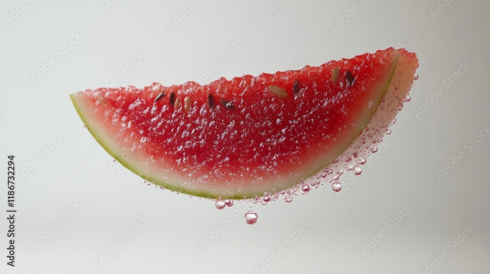 A thin slice of watermelon floating mid-air, with tiny droplets of water clinging to its surface. A few seeds are visible, and the vibrant red flesh contrasts beautifully with the white background. A thin slice of watermelon floating mid-air, with tiny droplets of water clinging to its surface. A few seeds are visible, and the vibrant red flesh contrasts beautifully with the white background.