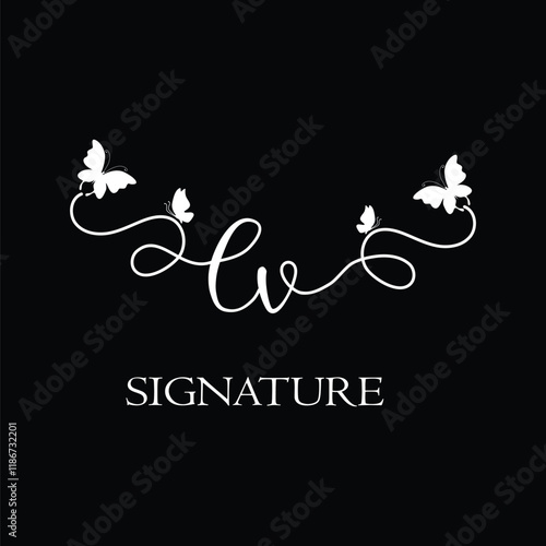 LV Handwritten initial letter, LV simple signature vector logo with butterfly shape variation, beauty, photography letter logo design. L V photo