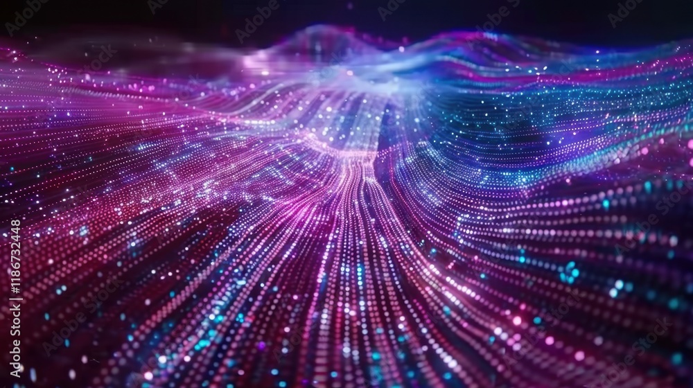 Fototapeta premium Colorful abstract digital waves with glowing particles create mesmerizing visual effect, showcasing vibrant hues of pink, blue, and purple in dynamic flow
