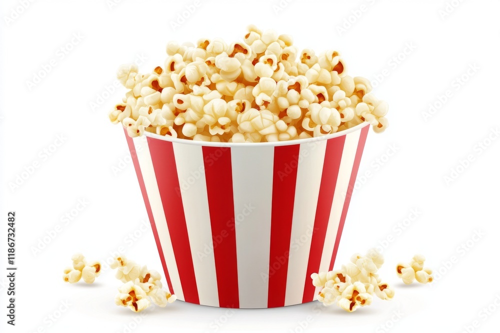 Popcorn in Red and White Striped Bucket. Simple Flat Design Isolated on White Background. Vector Illustration for Cinema Advertising or Greeting Card. Popcorn in Red and White Striped Bucket. Simple Flat Design Isolated on White Background. Vector Illustration for Cinema Advertising or Greeting Card.
