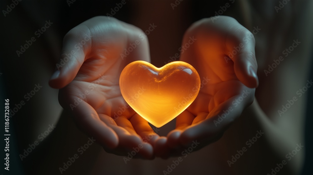 A pair of hands holding an illuminated heart symbol. A pair of hands holding an illuminated heart symbol.