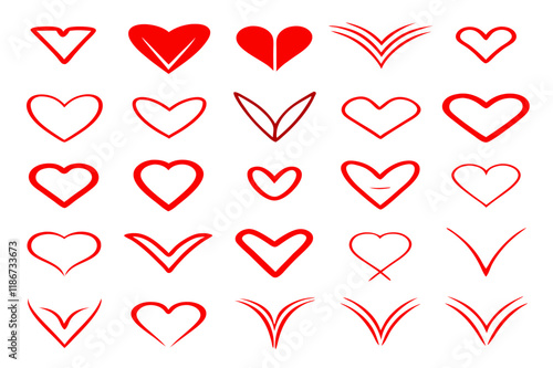 Red Heart Shapes Vector - Minimalist Hand-Drawn Design, Valentine's Day Icons, Love Symbols, Sketchy Outlines, Geometric Hearts, Romantic Motifs, Red on White Background Graphics,