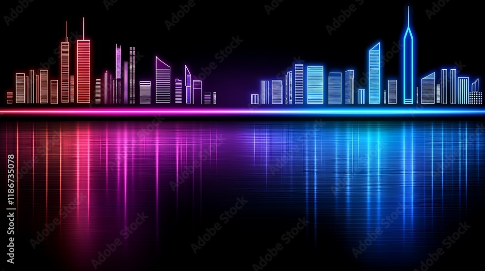 Fototapeta premium Futuristic City Skyline at Night with Illuminated Buildings Reflecting on Water, Creating a Vibrant and Colorful Urban Landscape