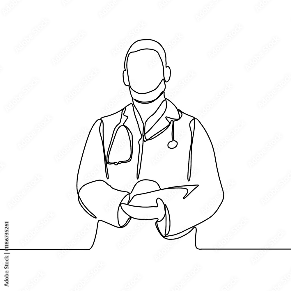 Fototapeta premium Continuous line drawing of a doctor with stethoscope. One line art of health care concept.