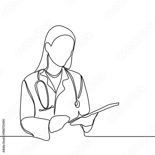 Continuous line drawing of a doctor with stethoscope. One line art of health care concept.