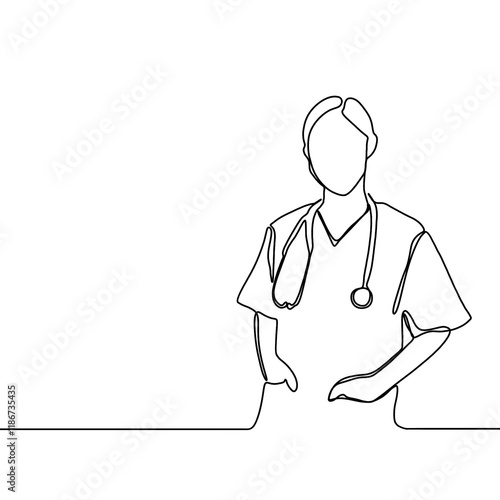 Continuous line drawing of a doctor with stethoscope. One line art of health care concept.