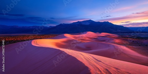 Fototapeta Naklejka Na Ścianę i Meble -  Coral pink sand dunes illuminate at sunset, revealing pink dunes marked by ATV tracks that weave through the sinuous shapes, all beneath a vibrant blue sky above the coral pink sand dunes.