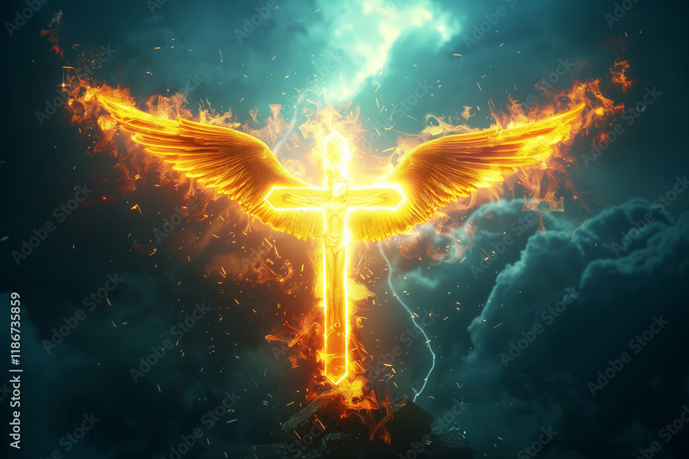 Divine Angel with Glowing Cross Illuminating Faith and Spirituality in a Heavenly Light, Symbolizing Hope and Christianity Divine Angel with Glowing Cross Illuminating Faith and Spirituality in a Heavenly Light, Symbolizing Hope and Christianity