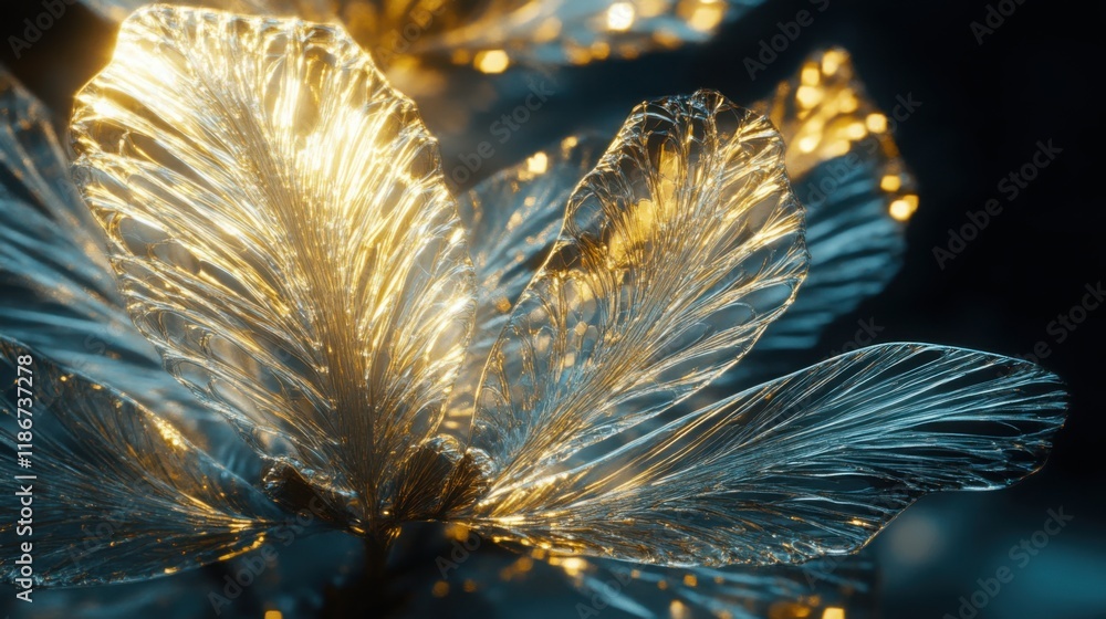 custom made wallpaper toronto digitalRed Pine tree leaves, glasslike abstract botanical wallpaper with trees, translucent and luminous effect on dark background, glassmorphism forms