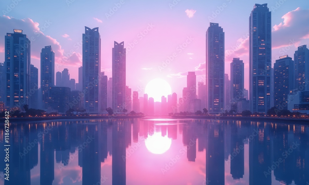 Obraz premium A vibrant cityscape with a mirrored reflection effect, showcasing tall buildings with geometric designs, glowing windows, and soft pastel tones of blue, pink, and purple against a radiant horizon.
