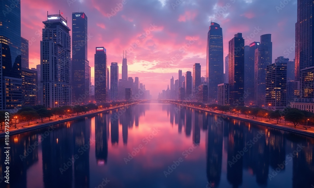 A surreal cityscape at dusk, with symmetrical rows of skyscrapers glowing in vibrant purple, orange, and blue hues, mirrored perfectly to create an infinite illusion under a twilight sky. A surreal cityscape at dusk, with symmetrical rows of skyscrapers glowing in vibrant purple, orange, and blue hues, mirrored perfectly to create an infinite illusion under a twilight sky.