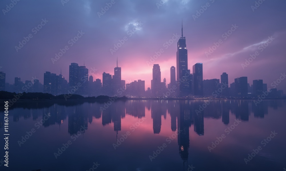 Obraz premium A surreal mirrored city at pre-dawn, with faint purple and pink tones on the horizon, skyscrapers barely illuminated by the soft ambient light.