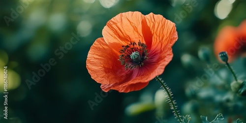 Beautiful poppy flower in nature, showcasing the vibrant colors of summer. This poppy flower represents the essence of summer and the beauty found in nature s creations. photo