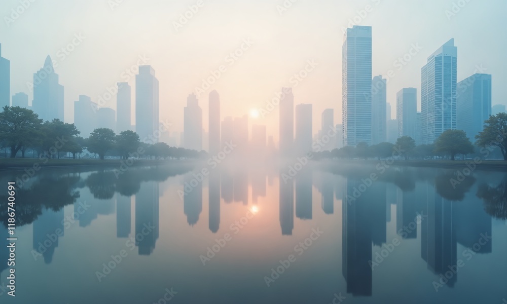 Fototapeta premium A mirrored urban landscape during a misty afternoon, with soft light illuminating the skyscrapers in faded pastel colors, their reflections blending into a dreamy, overcast horizon.
