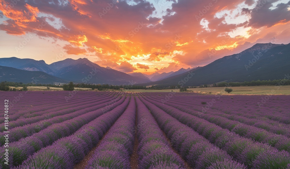 Vibrant sunset over rows of lavender in a mountain valley. Vibrant sunset over rows of lavender in a mountain valley.