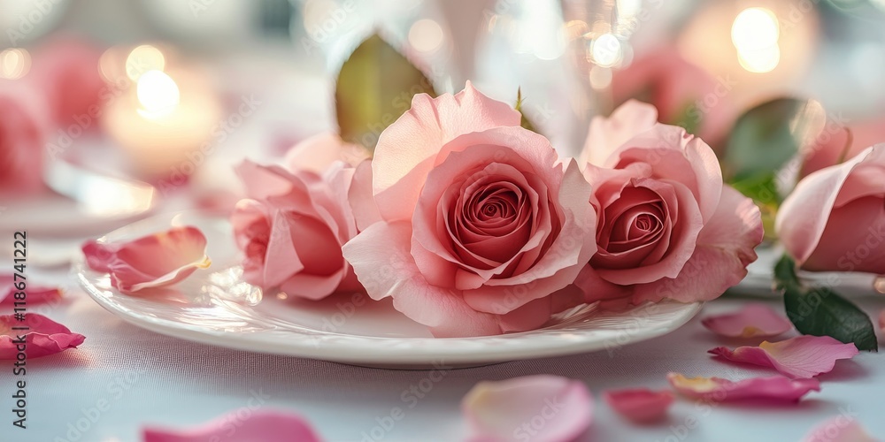 A table adorned with delicate pink roses and petals creates a romantic setting, perfect for greetings or promotional purposes in advertisements. A table adorned with delicate pink roses and petals creates a romantic setting, perfect for greetings or promotional purposes in advertisements.