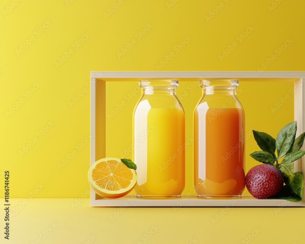 Fresh Citrus Juices in Glass Jars with Fruits on Bright Yellow Background Fresh Citrus Juices in Glass Jars with Fruits on Bright Yellow Background