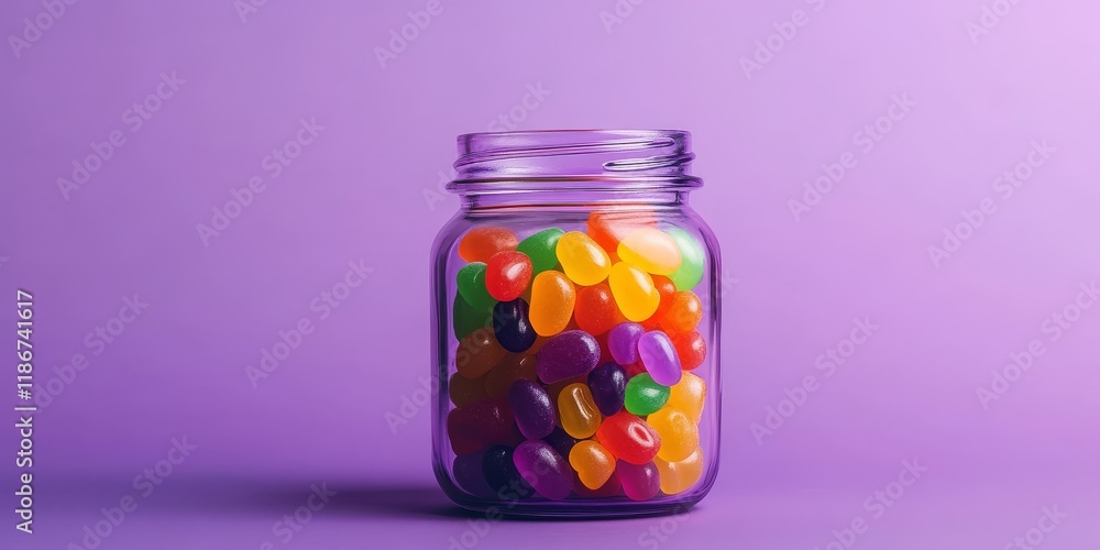 A purple jar filled to the brim with colorful jelly candies sits against a purple background, capturing a Halloween vibe. This is a flat lay, top down perspective. A purple jar filled to the brim with colorful jelly candies sits against a purple background, capturing a Halloween vibe. This is a flat lay, top down perspective.