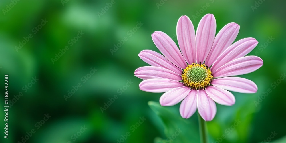 Obraz premium Close up of a pink daisy against a vibrant green background, highlighting the delicate beauty of the pink daisy and its intricate petal details amidst the lush greenery.