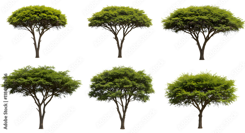 Fototapeta premium A gathering of distinct African acacia trees presented with a transparent background, focusing on the idea of plant life and flowering species.