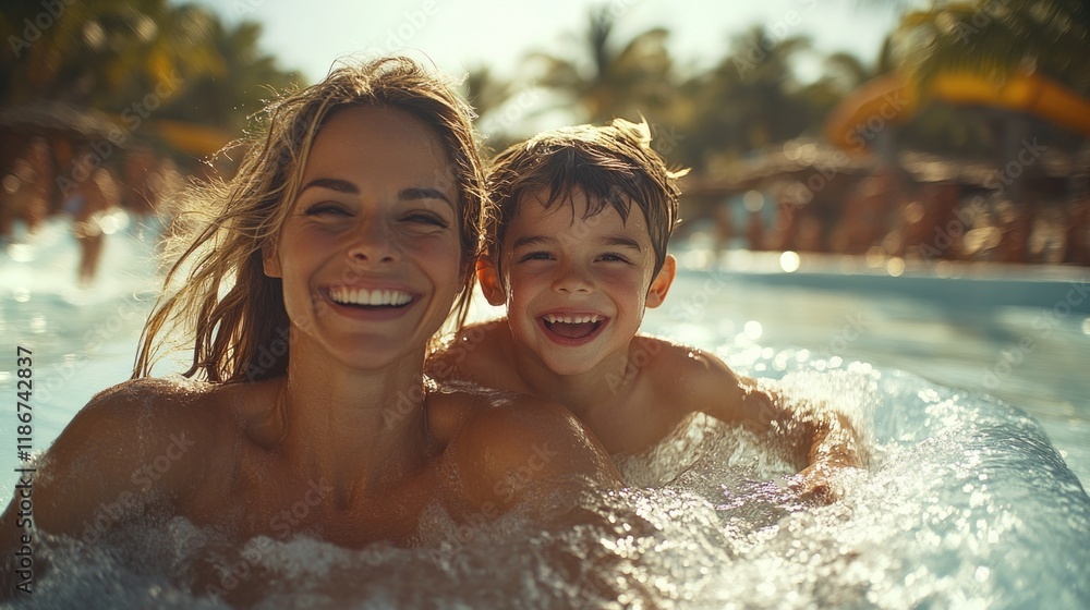 A woman and young boy enjoy some time together in the swimming pool A woman and young boy enjoy some time together in the swimming pool